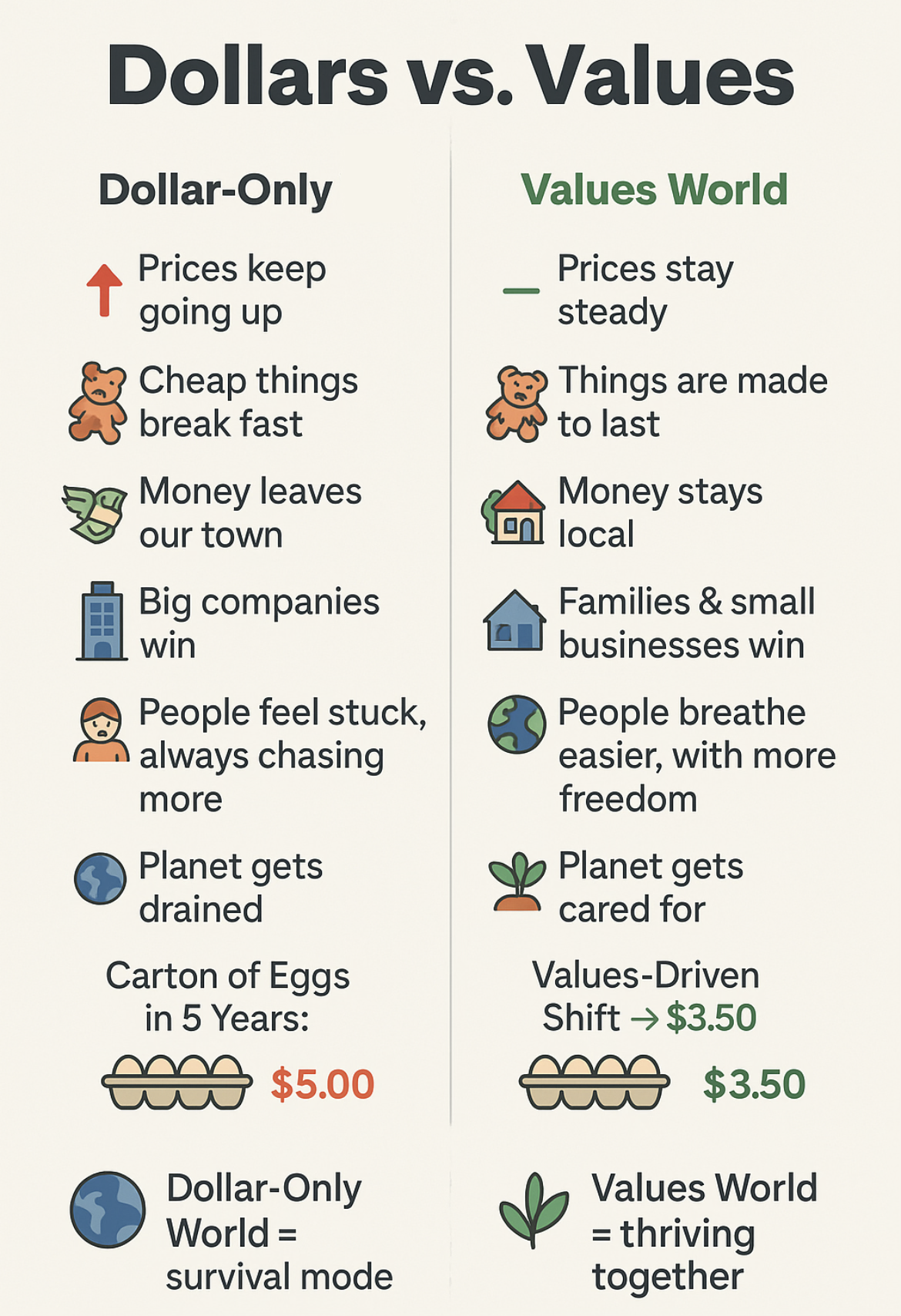 Dollars vs. What We Grow comparison showing how values-driven economics leads to better outcomes